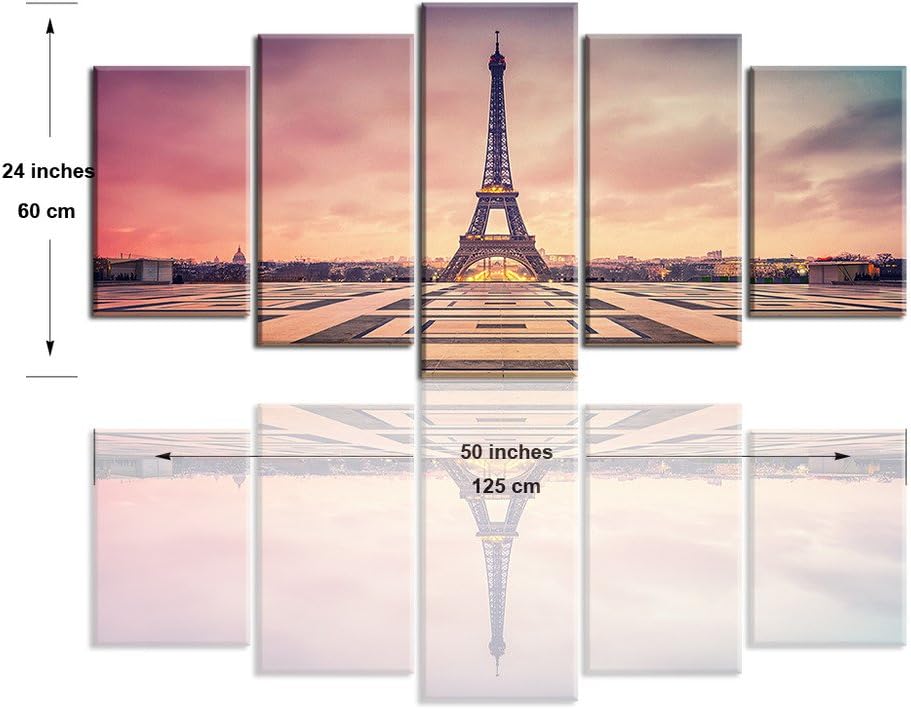 Paris Picture Canvas Prints for Bedroom, PIY Romantic Dusk Wall Art of France Eiffel Tower Painting, 1" Thick Frame, Waterproof Home Decor, Hanging Bracket Mounted Artwork 24x50 overall by 5 piece 1" thick frame Pink