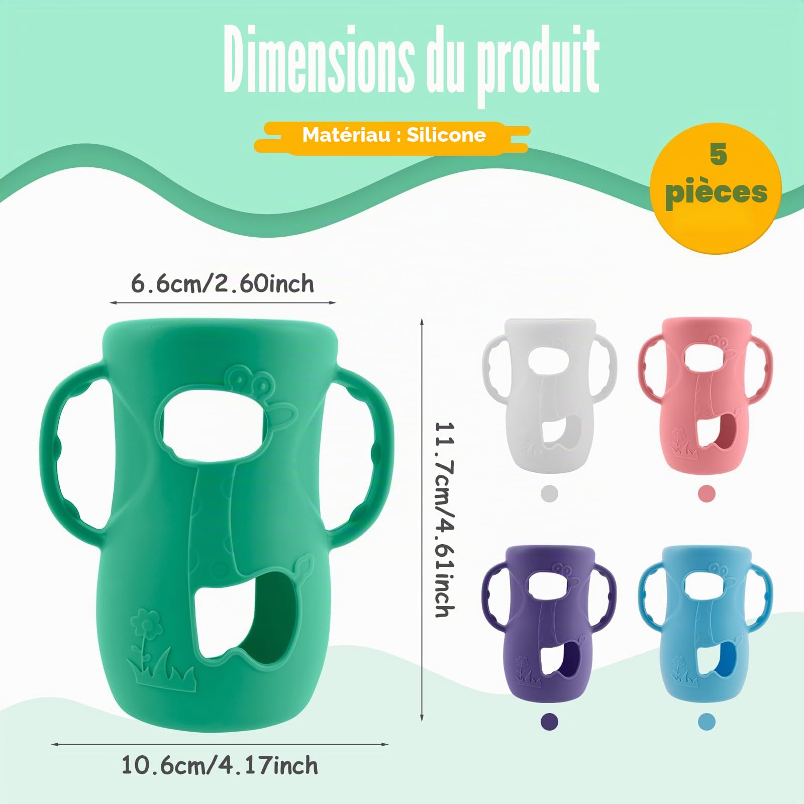 Lot de 5 poignées de biberon, en silicone, pour biberons Avent Natural en verre, sans BPA, accessoires, diamètre extérieur, compatible avec les biberons