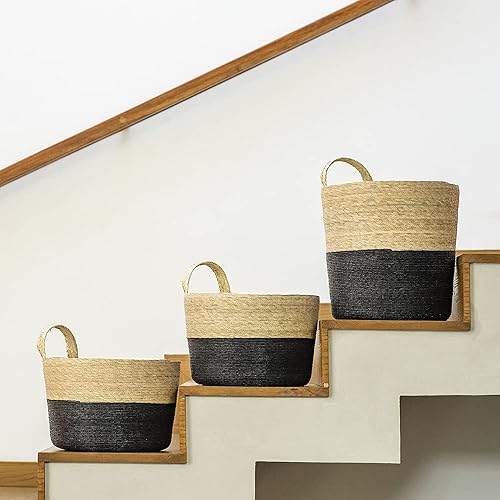 Miniatura 5 de JACINTO - Cesta de palma negra hecha a mano, ecológica, fabricada con materiales biodegradables, perfecta para usar como decoración, como cesta de