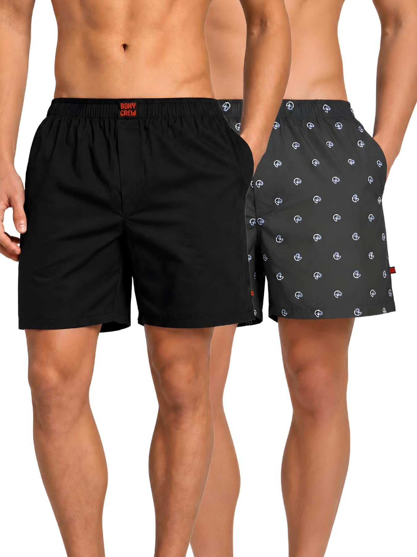 Men Boxer Shorts Pack of 2, 100% Cotton Woven Boxers, Black & Navy, Solid & Printed Designs, Dual Side Pockets, No-Marks Inner Elastic Waistband, Relaxed Lounge & Sleep Shorts-image-49