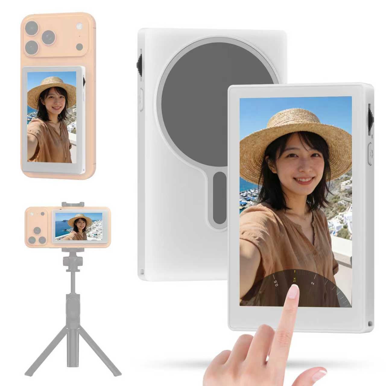 JEVDES タッチ操作 自撮りモニター iphone モニター 4K1080P スマホの外カメラ画面ミラーリング可能な磁気式ディスプレイ