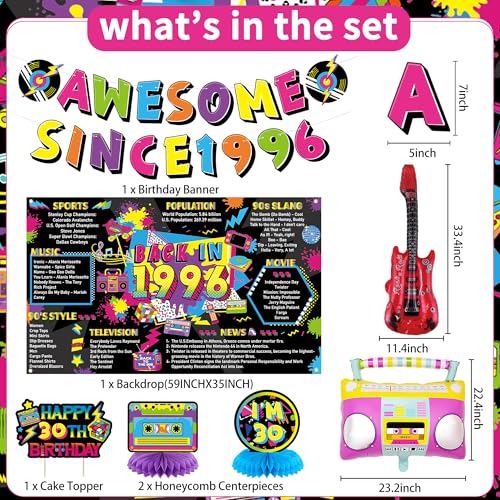 Image of Crenics 1996 30th Birthday Decorations for Him Her | Back in 1996 Backdrop, Awesome Since 1996 Banner, Swirls, Centerpieces and Balloons for 30 Birthday Party Supplies