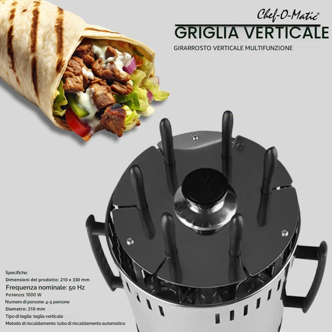Vertical Grill, Griglia verticale senza olio e grasso,1000W, capacità di 6 spiedini, Rotazione automatica a 360°, facile da pulire, barbecue, ideale per spiedini alla griglia, kebab