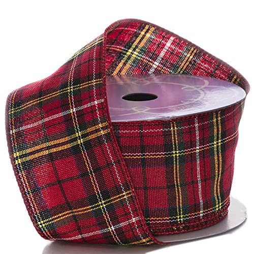 Image of Holiday Wired Christmas Tree Ribbon - 2 1 /2 inch x 10 Yards, Red & Yellow Plaid, Wreath, Tree Decoration, Gift Wrapping, Presents, Bow, Garland, Holiday, Tartan