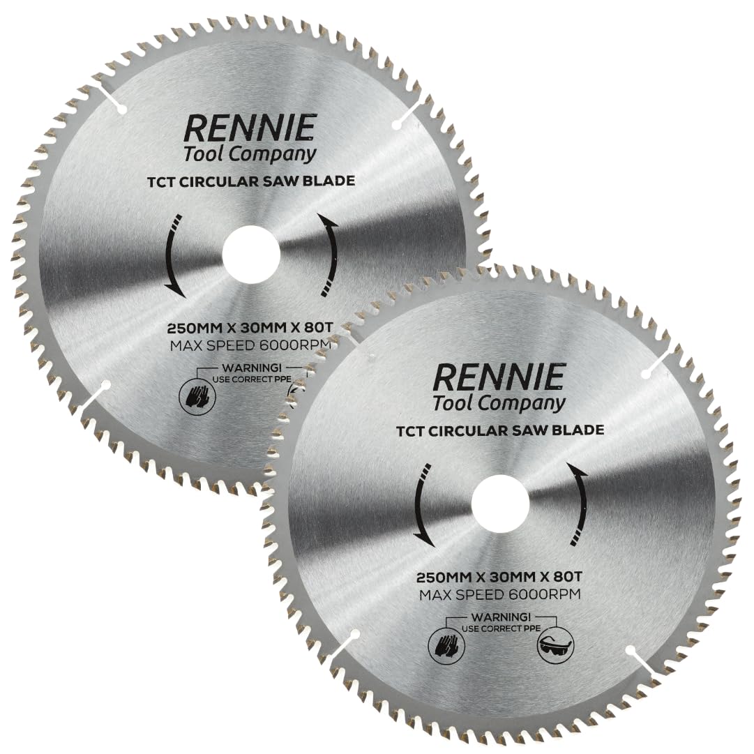 Rennie Tools - Lame circolari per legno da 250 mm x 30 mm x 80 T TCT, con anelli di riduzione del foro da 25 mm, 20 mm e 16 mm. Compatibile con sega circolare Bosch Makita DeWalt, ecc. Adatto per