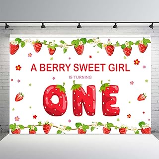 MEHOFOND 10x7ft Strawberry Girl First Birthday Party Photo Background Banner Berry Sweet Girl 1st One Birthday Red and Green Fruits Backdrops Props for Cake Table Supplies
