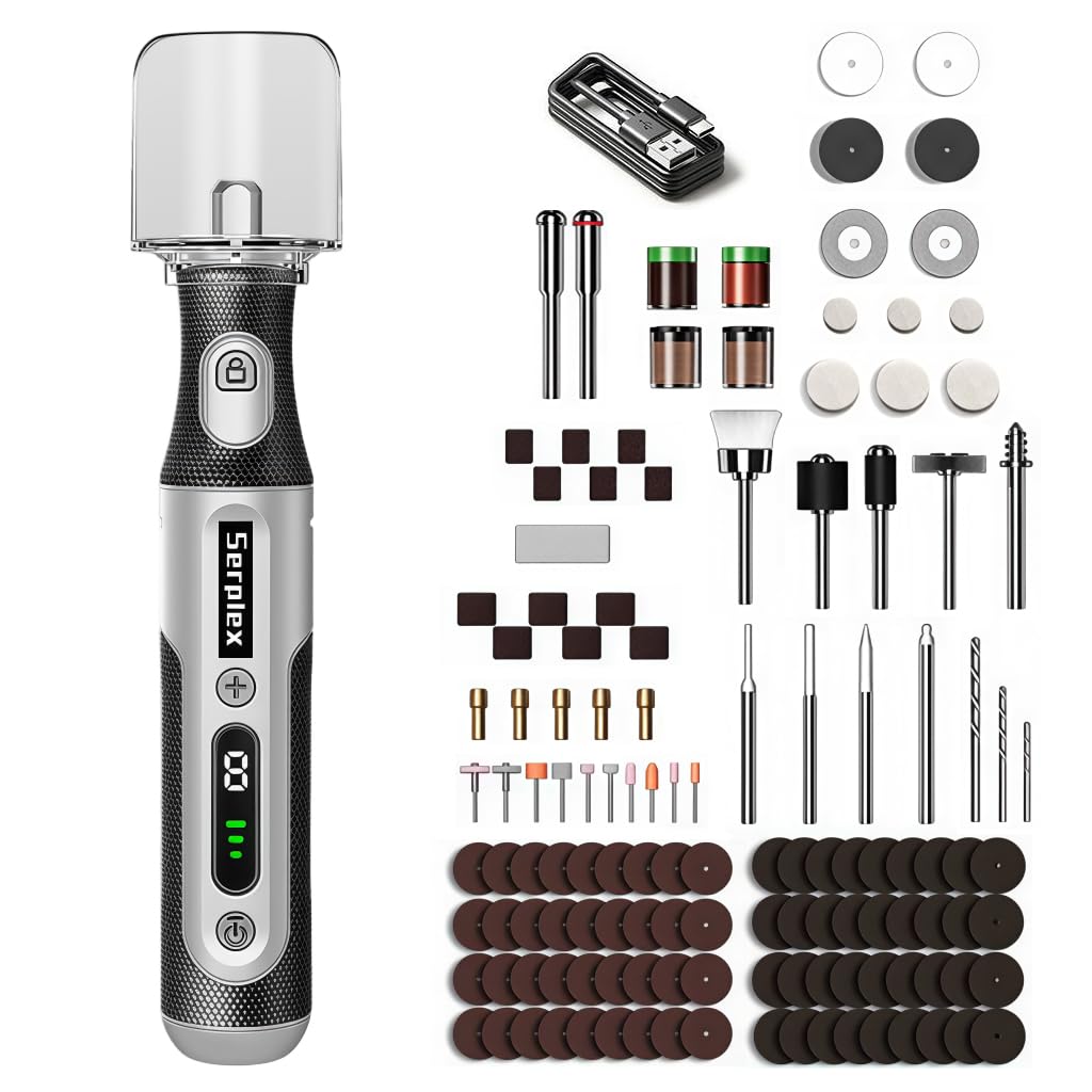 Serplex® Rotary Tool Kit with 163pcs Accessories, 1200mAh USB Rechargeable Mini Cordless Drill Machine, 8-Speed (3000-20000RPM), 4.2V Power Rotary Tool for Sanding, Polishing, Drilling, Carving-image-17