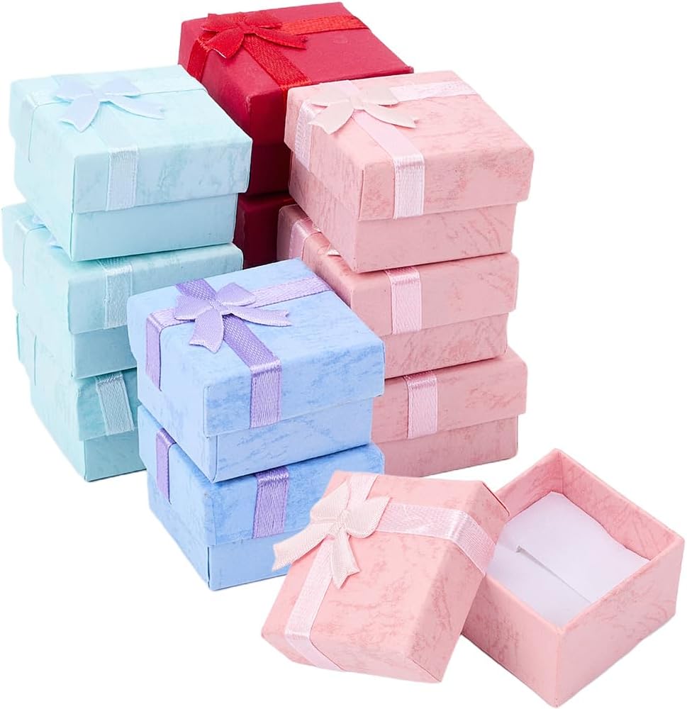24Pcs 4 Colors Pink Ring Boxes Small Cardboard Jewelry Boxes Square 1.61 x 1.61 Inch Colorful Paper Ribbons Bowknot Rings Cases Set for Birthday Valentines Party Present DIY Packaging Decor