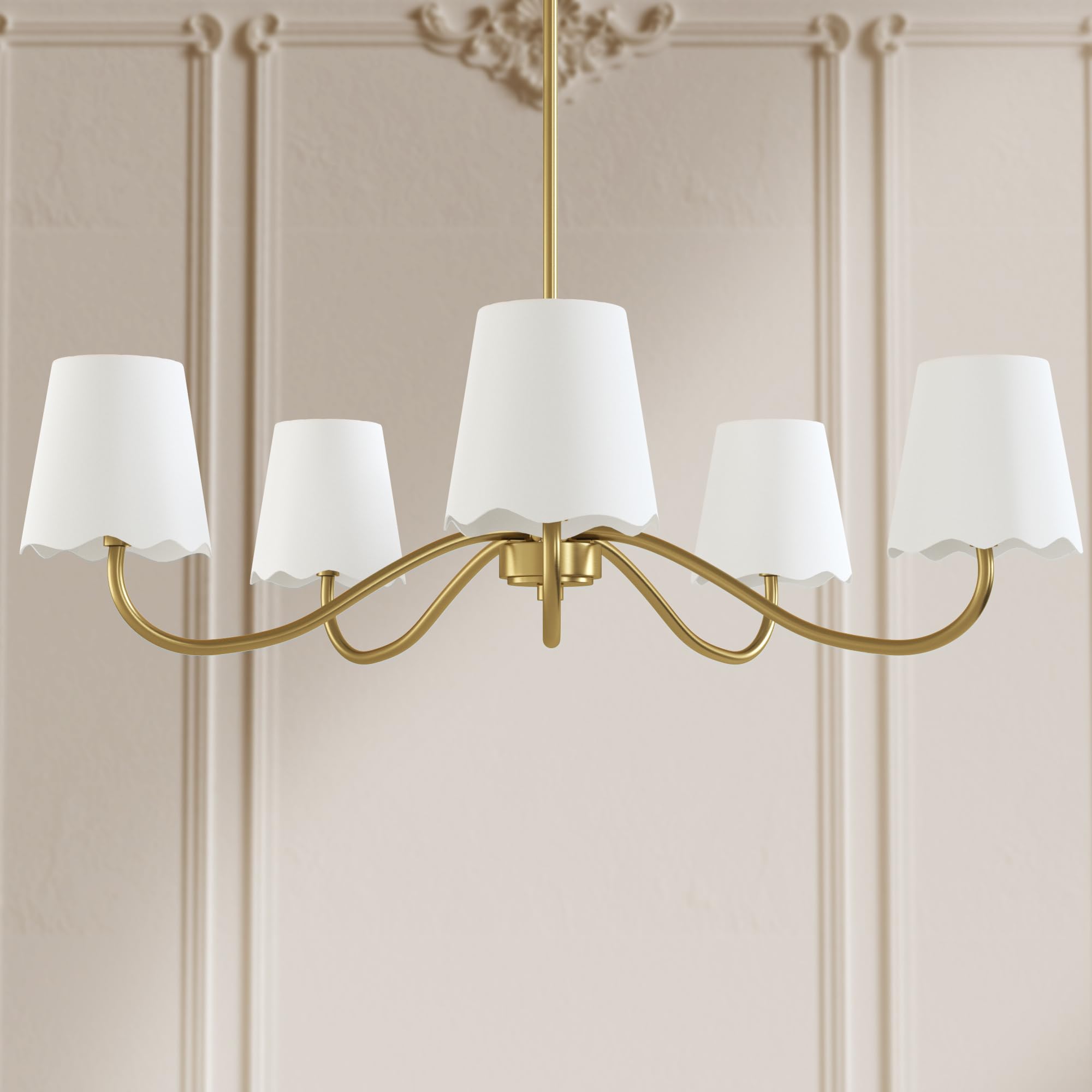Maxax 31.8" Gold Chandelier, 5-Light Brass Modern Chandelier with Beige Fabric Shade, Classic Chandelier Light Fixture for Kitchen Island, Bedroom,