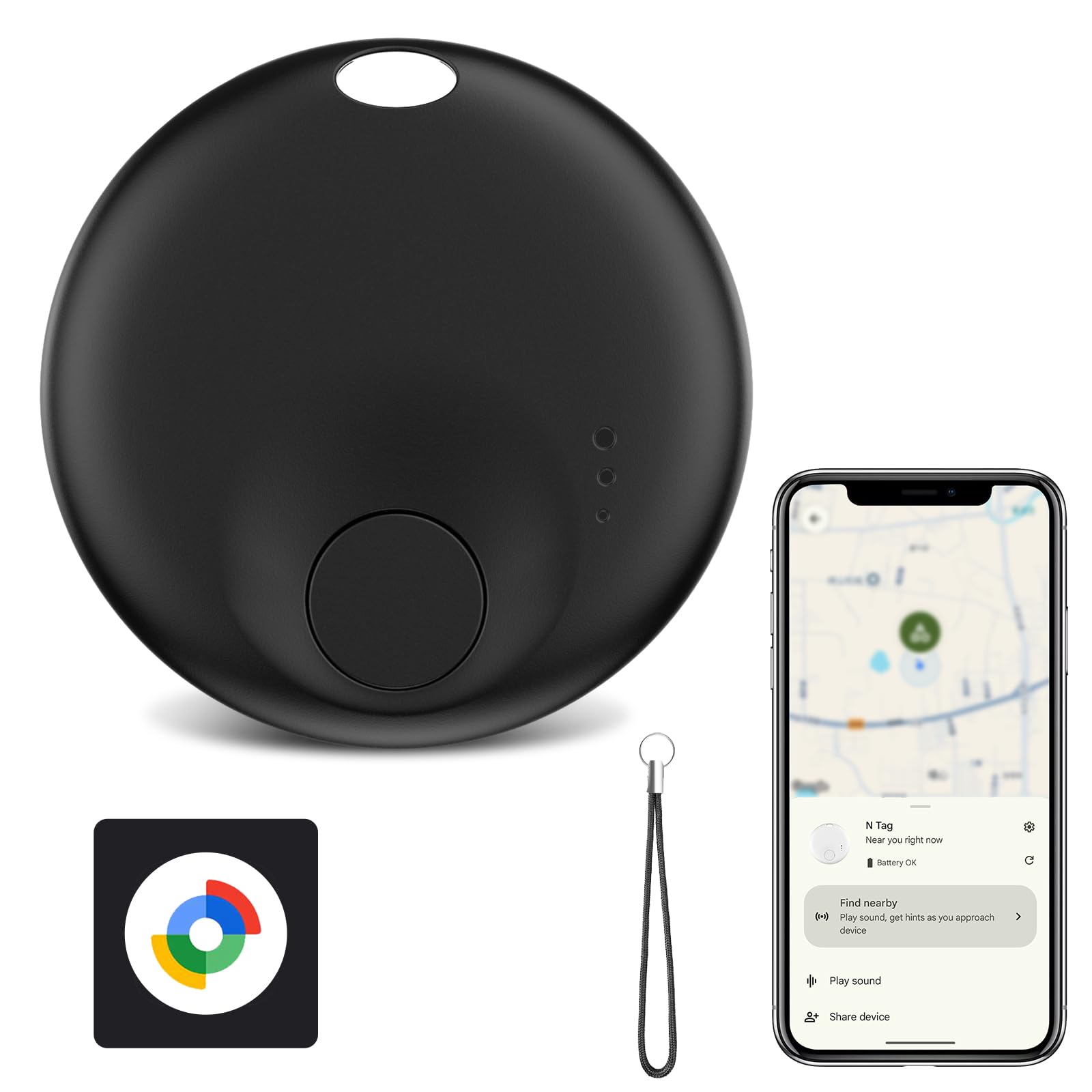 Android Smart Tracker Tag, Localizzatore Android Compatibile “Google Funzioni Trova” (Solo Android), Trova Oggetti e Chiavi/Bagagli/Portafogli/Valigia, Batteria Sostituibile 1 Nero