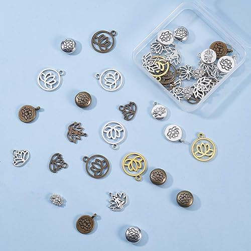 Miniatura 5 de SUNNYCLUE 1 caja de 60 dijes de flores de loto de estilo mixto, colgantes de flores, colgantes de aleación antigua para manualidades, accesorios de