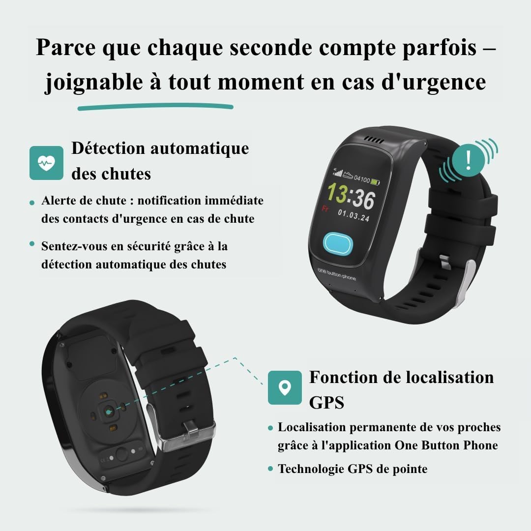 Montre Téléphone Senior GPS SOS Anti-Chute | Appel SOS en Cascade vers 3 Proches, Sans Abonnement, Marque Allemande, Opérateur Libre – Hors Certains Forfaits Prépayés