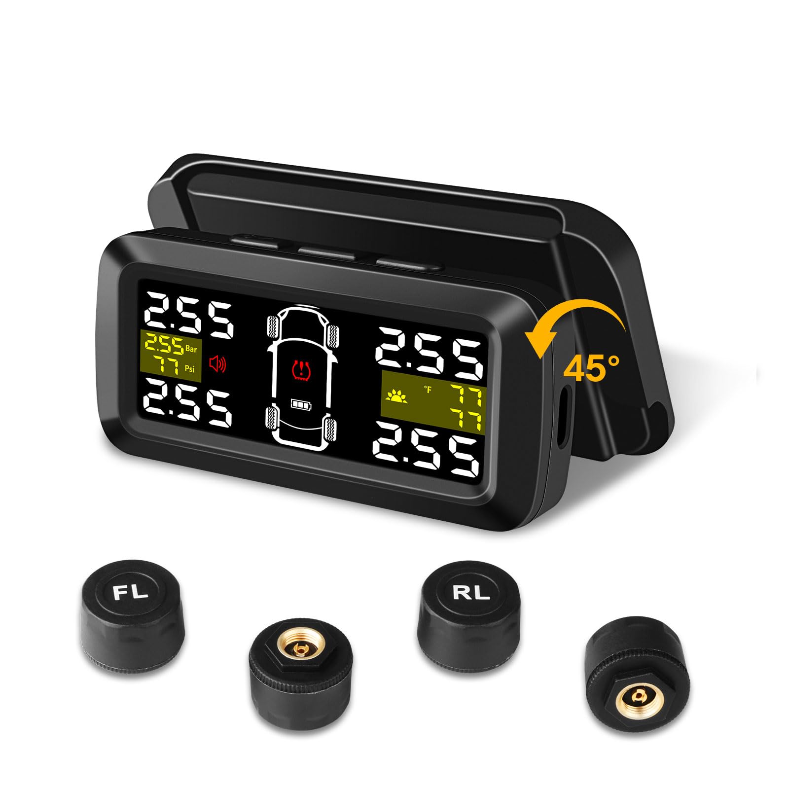 TPMS Solaire Avec 10 Capteurs Externes - Surveillance Pression Pneus Voiture/camion, écran LCD, Alarme Vocale