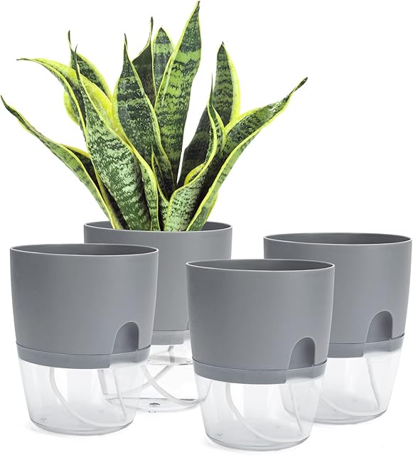 Johotone Self Watering Plant Pots Indoor Plastic Plant Pot Water Storage Modern Decorative Planter for Garden House Plants Flowers Grey 4 Pcs 6 * 7.1 Inch