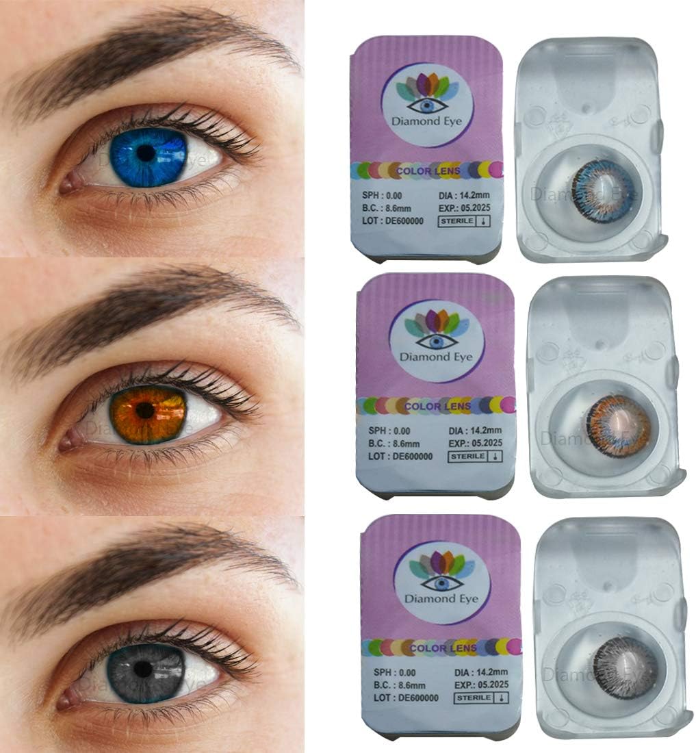 Color style 3 Pair Monthly Grey Brown Sky Blue Colored 0 Power Contact Lenses for Eyes Men and Women with Lens Case(Grey Brown Sky Blue)