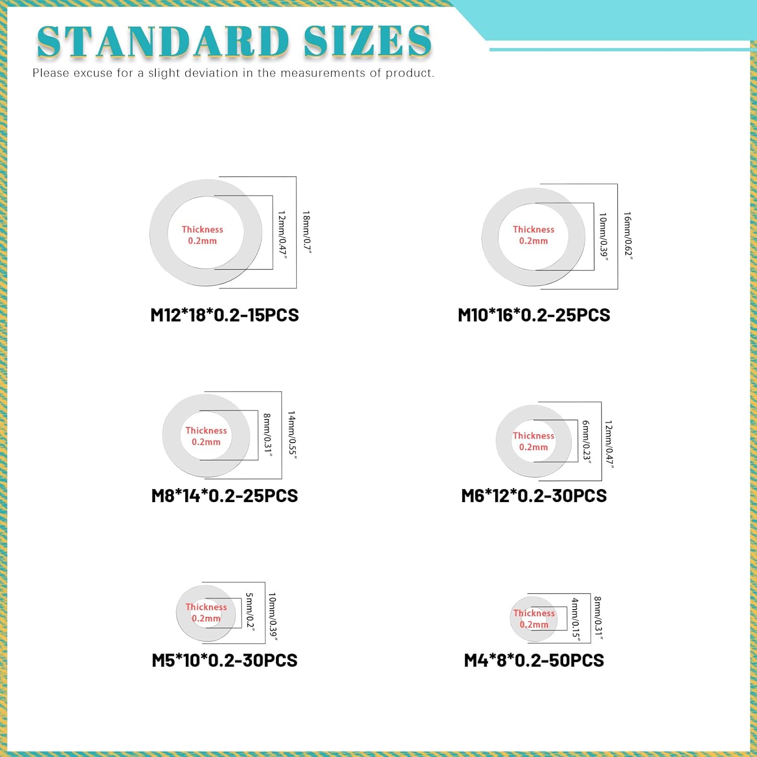 175PCS 6 Sizes 304 Stainless Steel Flat Washers Assortment Kits M3 M4 M5 M6 M8 M10 M12 Flat Spacers Shim Washers Round Flat Spacer for Screws & Bolts