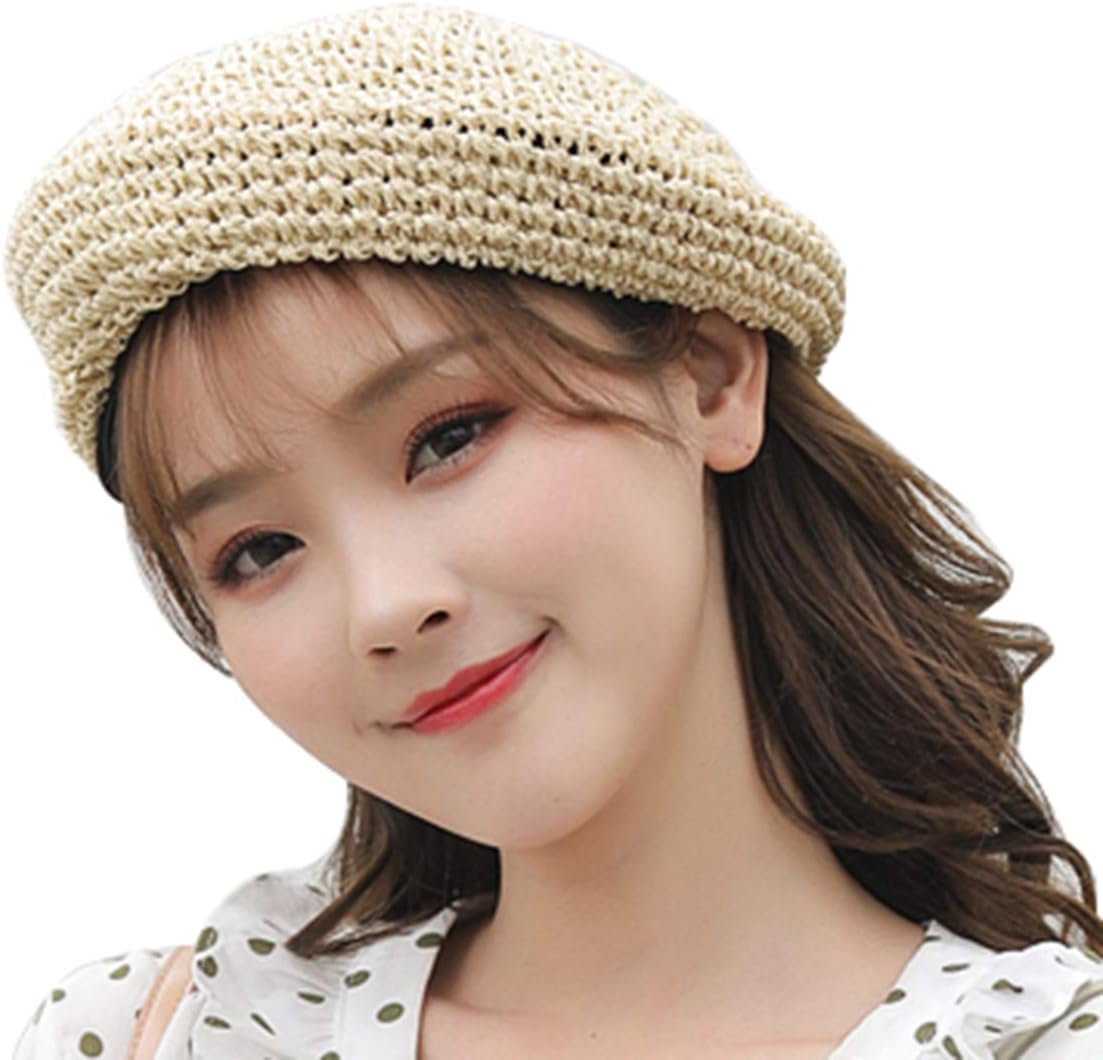 Straw Beret Solid Plain Flat Top Woven Berets French Style Painters Hat Cap