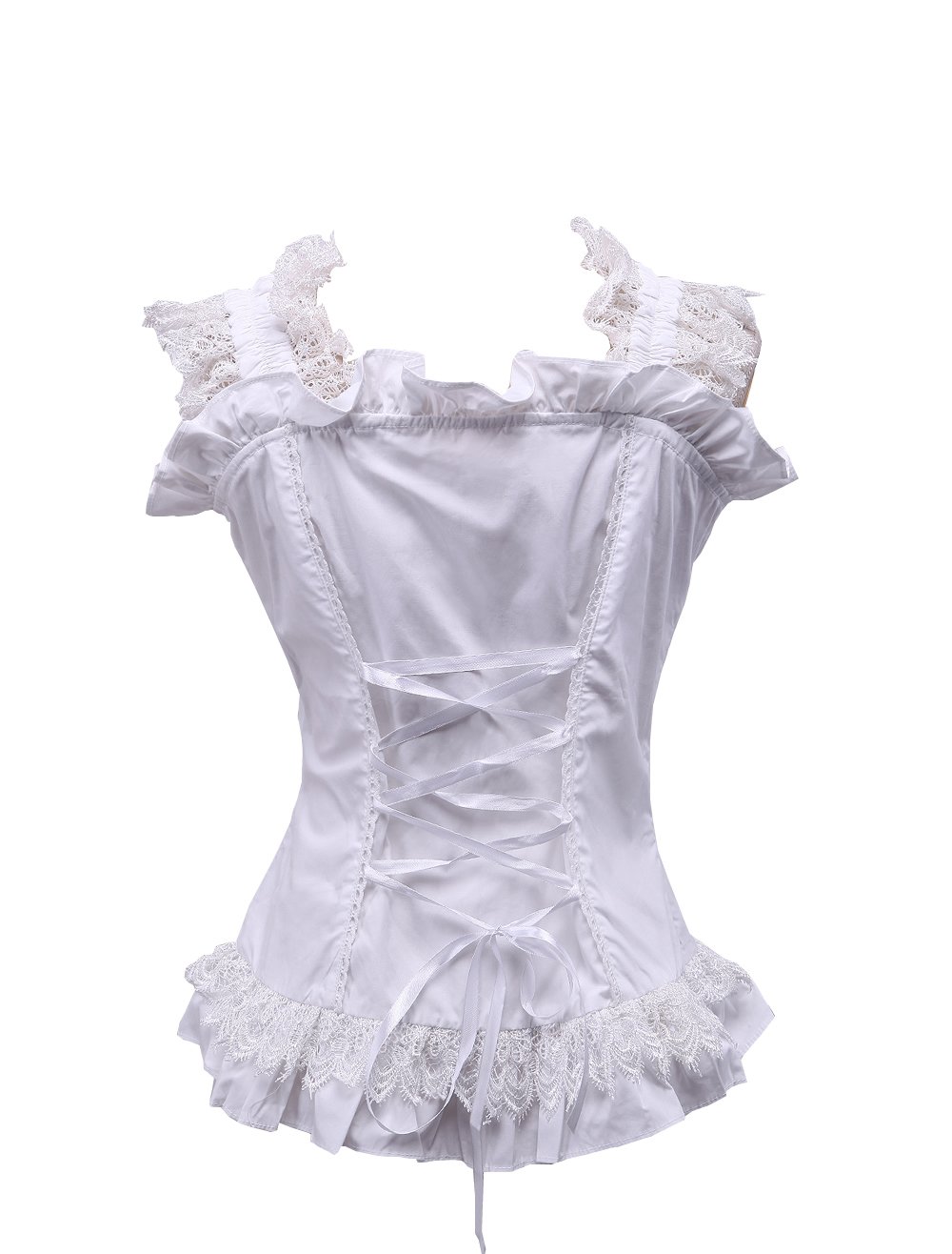 Antaina Weiß Baumwolle Rüsche Spitze Retro Viktorianisch Ärmellos Lolita Hemd Bluse,MEHRWEG