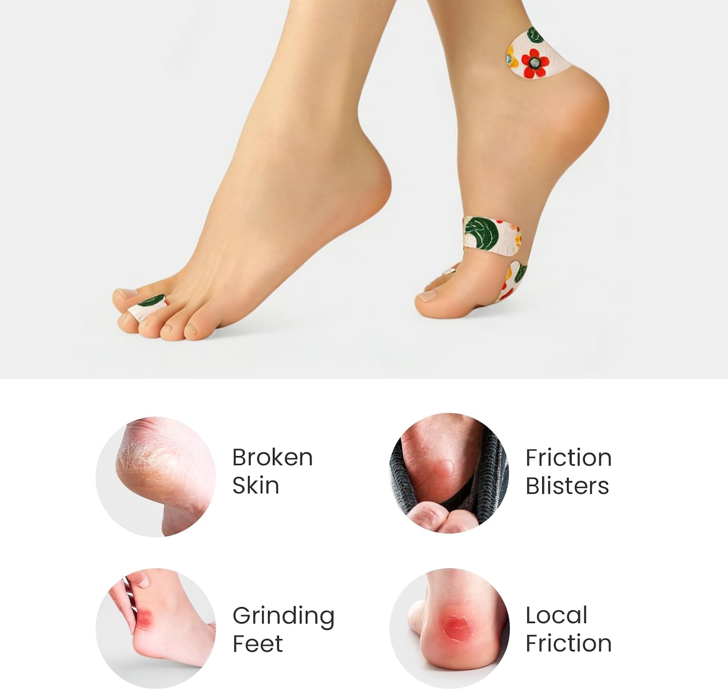 Welnove Moleskin Blister Prevention Pads, Soft Adhesive Pads for Heel, Toe & Sides, Prevent Shoe Rubbing & Foot Pain, 16 Pcs with 4 Pre-Cut Shape, Flower Patterned