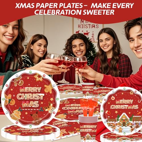 Christmas Party Supplies Set, Paper Plates And Napkins Sets for 25 Guests, Xmas Party Supplies With Plates, Cups, Napkins And Forks, Festive Disposable Christmas Heavy Duty For Holiday Dinners – Image 8