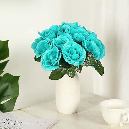 Efavormart - Ramo de 14 rosas artificiales de terciopelo turquesa para bricolaje, arreglos florales, hogar, fiesta, jardín, centros de mesa
