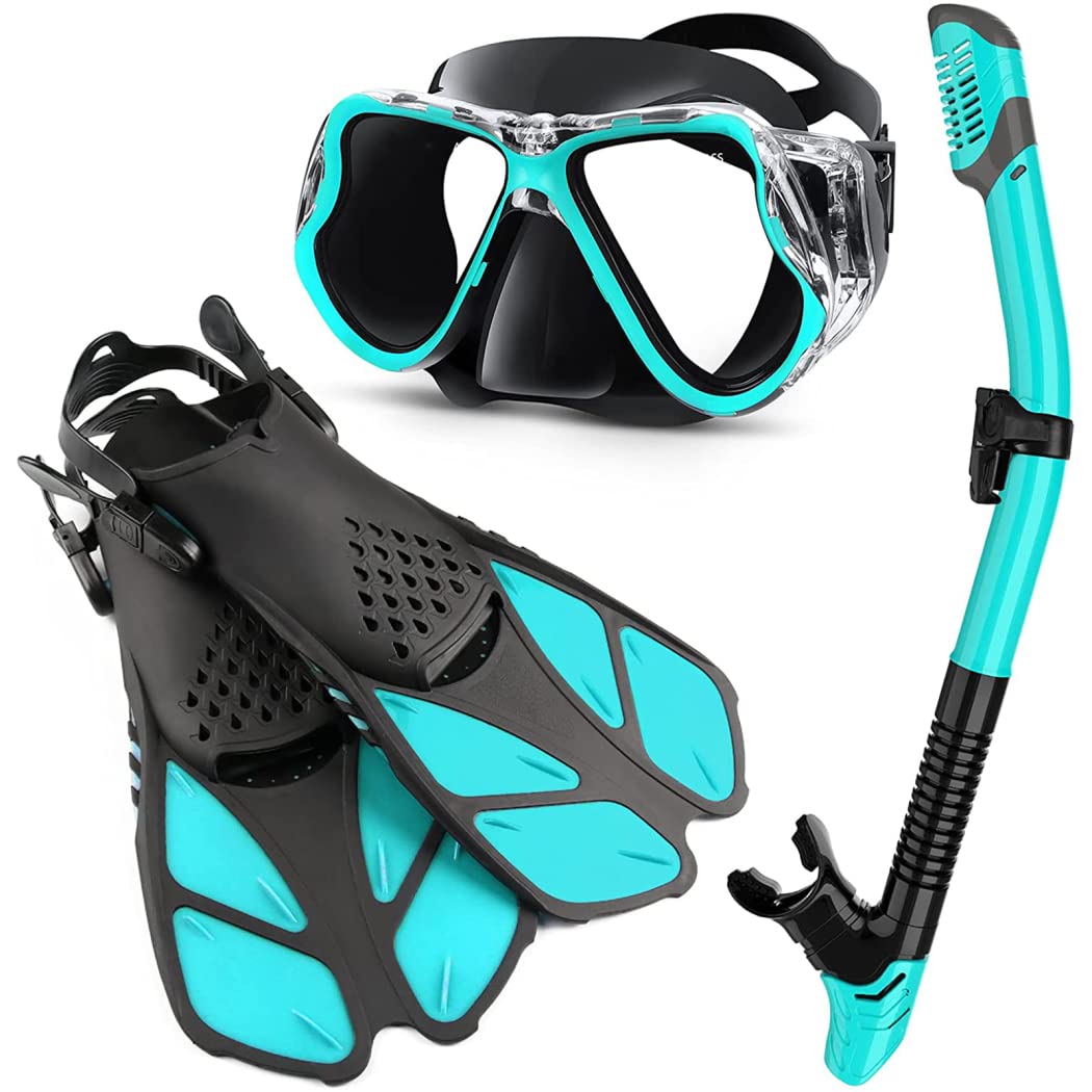 Tauchmaske Schnorchelset - Silikon Anti-Fog Brille mit Atemschlauch und Flossen für Erwachsene