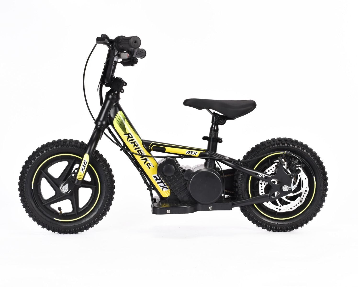 Draisienne électrique pour Enfants RIRIBIKE RTX3 24V (12"), Jaune, Batterie au Lithium, Moteur 100W, Frein à Disque, Siège PU Souple réglable