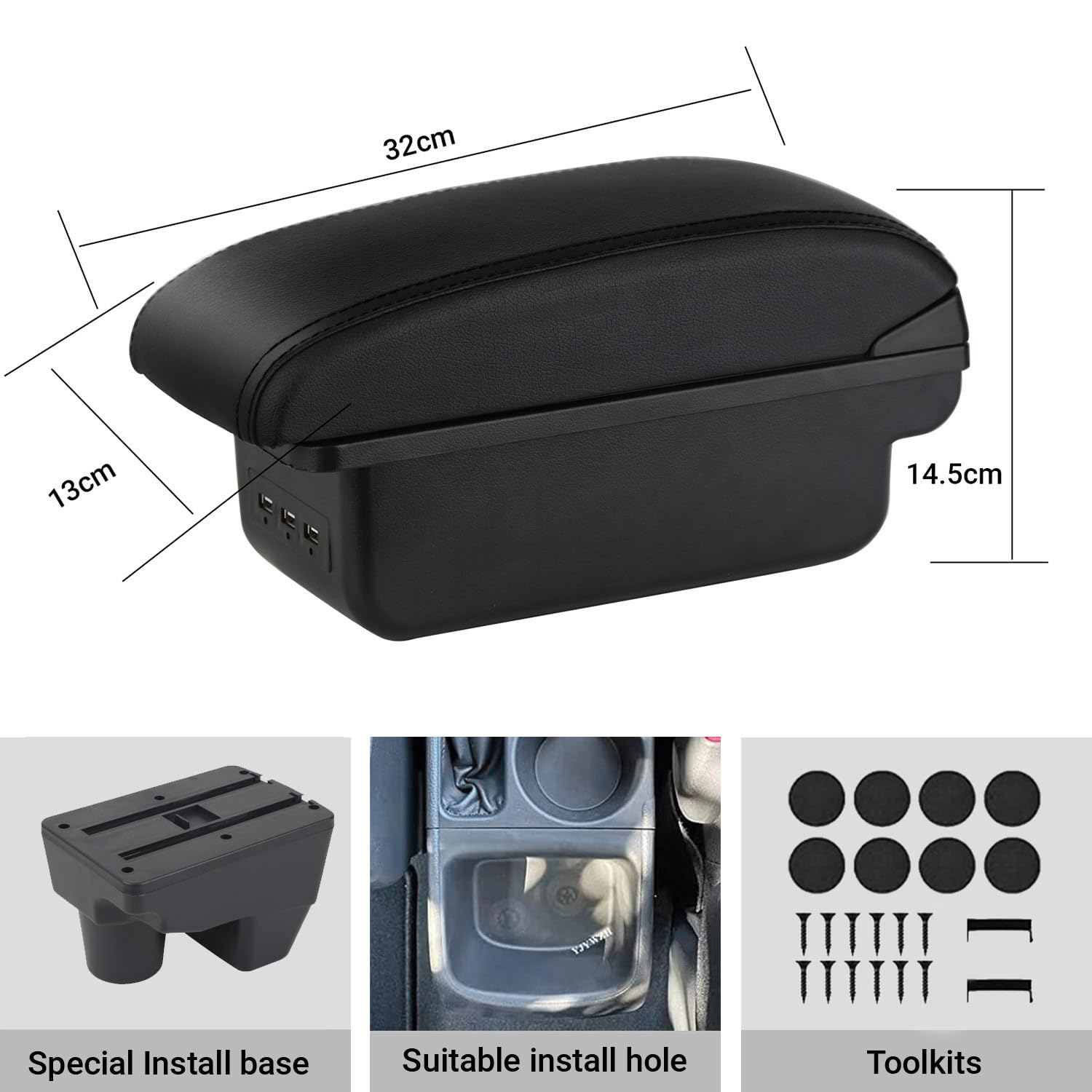 YJYWZH Armlehne für Toyota Yaris GR 2021-2024 Mittelarmlehne mit USB | 2 USB+1 USB-C,Doppelstauraum,Verschiebbare Armauflage,PU-Leder,Einfache Montage,Mittelkonsolen Armlehne,Schwarz