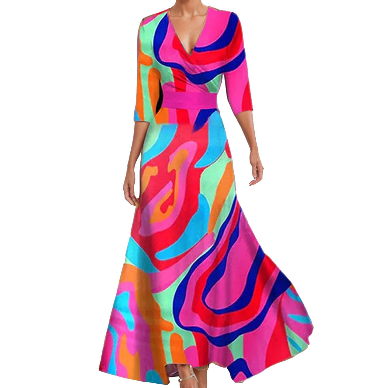 Vestido maxi floral primavera mujer Bolsillos cuello V cinturón playa boda