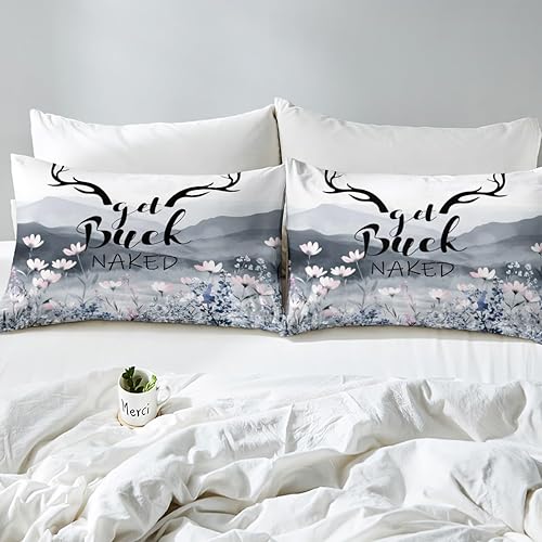 Miniatura 4 de Juego de sábanas de cornamenta tamaño Queen con ciervos y alces para niños y niñas, sábanas de reno y alce de ciervo, sábana superior de flores de
