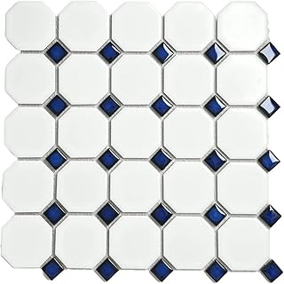Tenedos Octagon Porcelain Mosaic Tile Matte White with Glossy Cobalt Blu...
