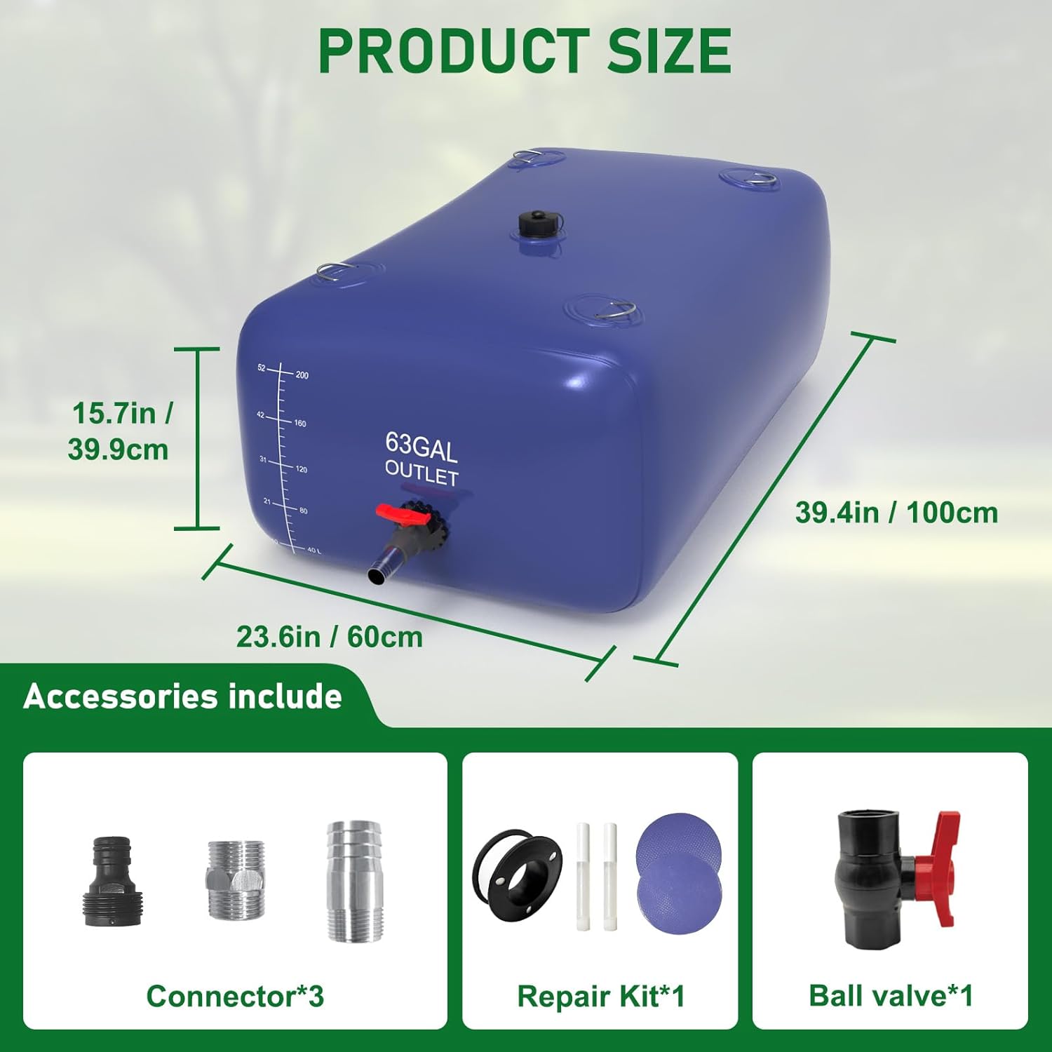 240L/63 Gal Water Bladder, PVC Foldable and Portable Water Tank with 3 Connectors and Overflow Kit, Ideal for RV, Camping, Rainwater Collecting,Planting Watering