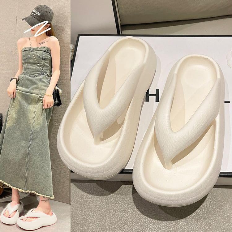 Thick Bottom Flip-flops Increase Height Outside Wear Non-slip Sandals Slippers Women's Summer Beach Shoes Seaside,White6-6.5（Less than one size）