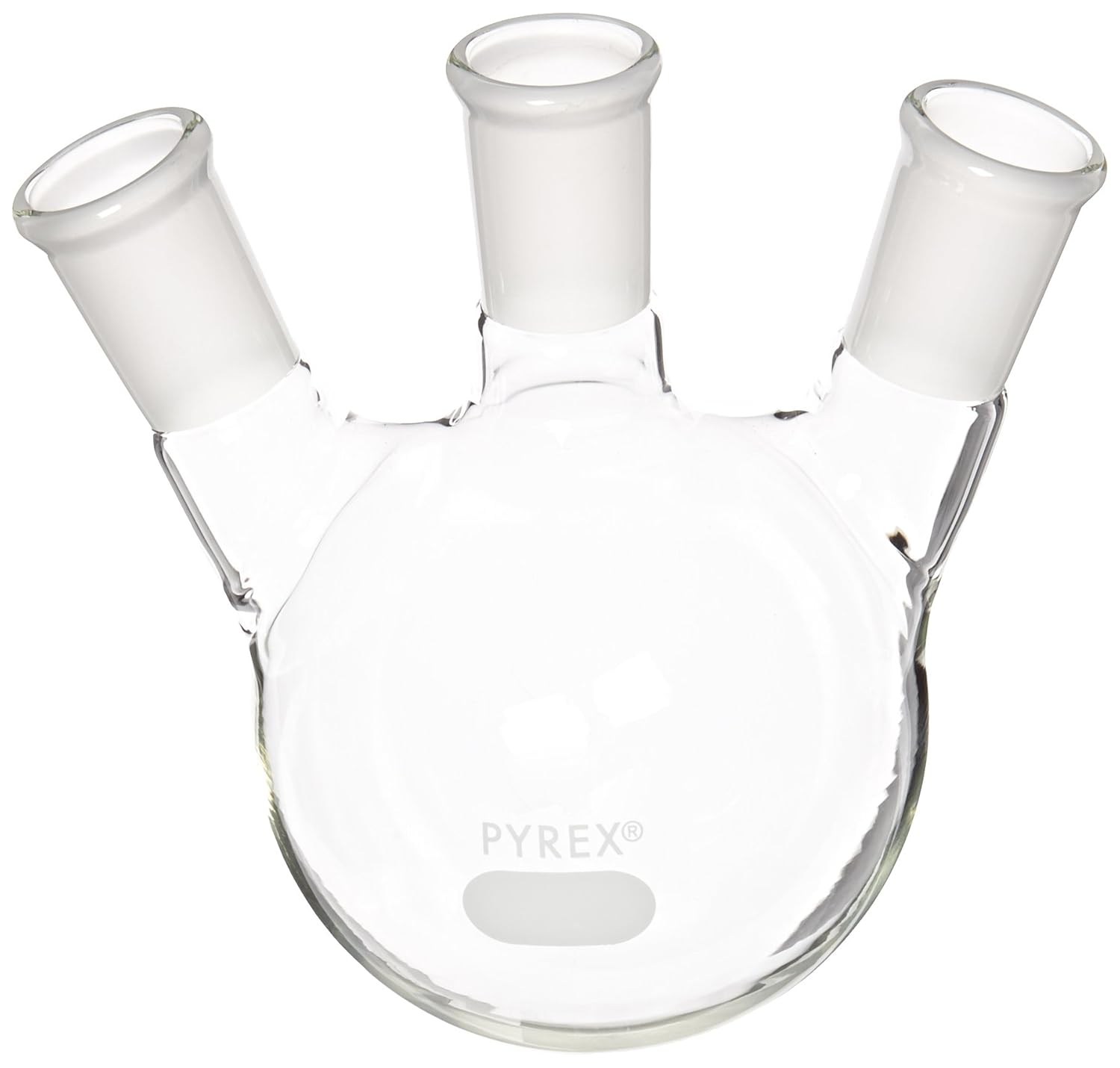 Pyrex Borosilicate Glass Three Neck Distilling Flask with 24/40 Center Vertical and Side Angled Neck Standard Taper Joints, 500mL Capacity