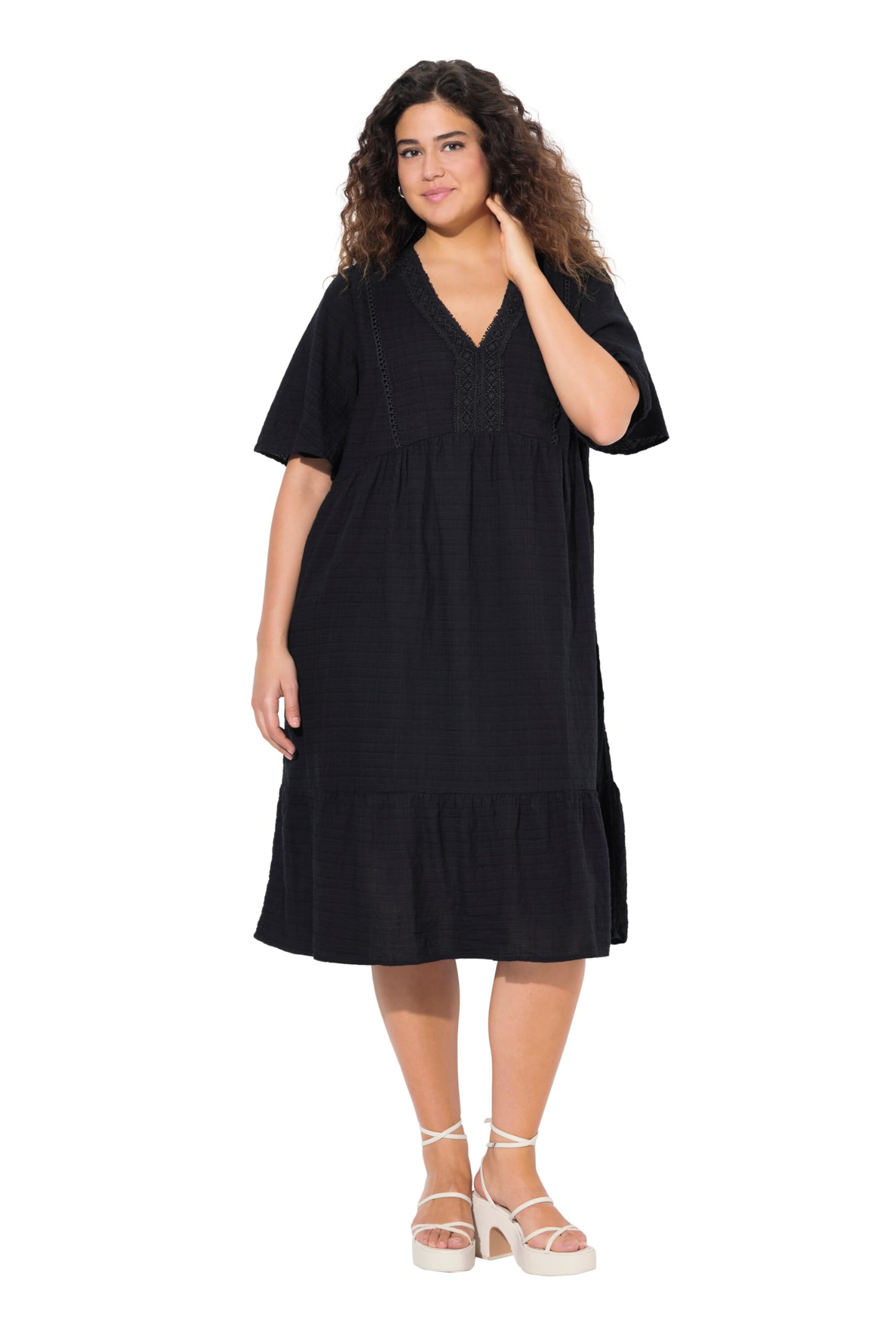 Ulla Popken Damen große Größen Übergrößen Plus Size Midikled, Seersucker, A-Linie, V-Ausschnitt, Halbarm 839746