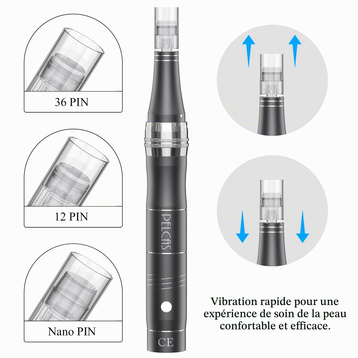 PELCAS Stylo Beauté Microneedling, Appareil de Soin du Visage et du Corps avec 3 Vitesses et 12 Cartouches de Remplacement, Rechargeable