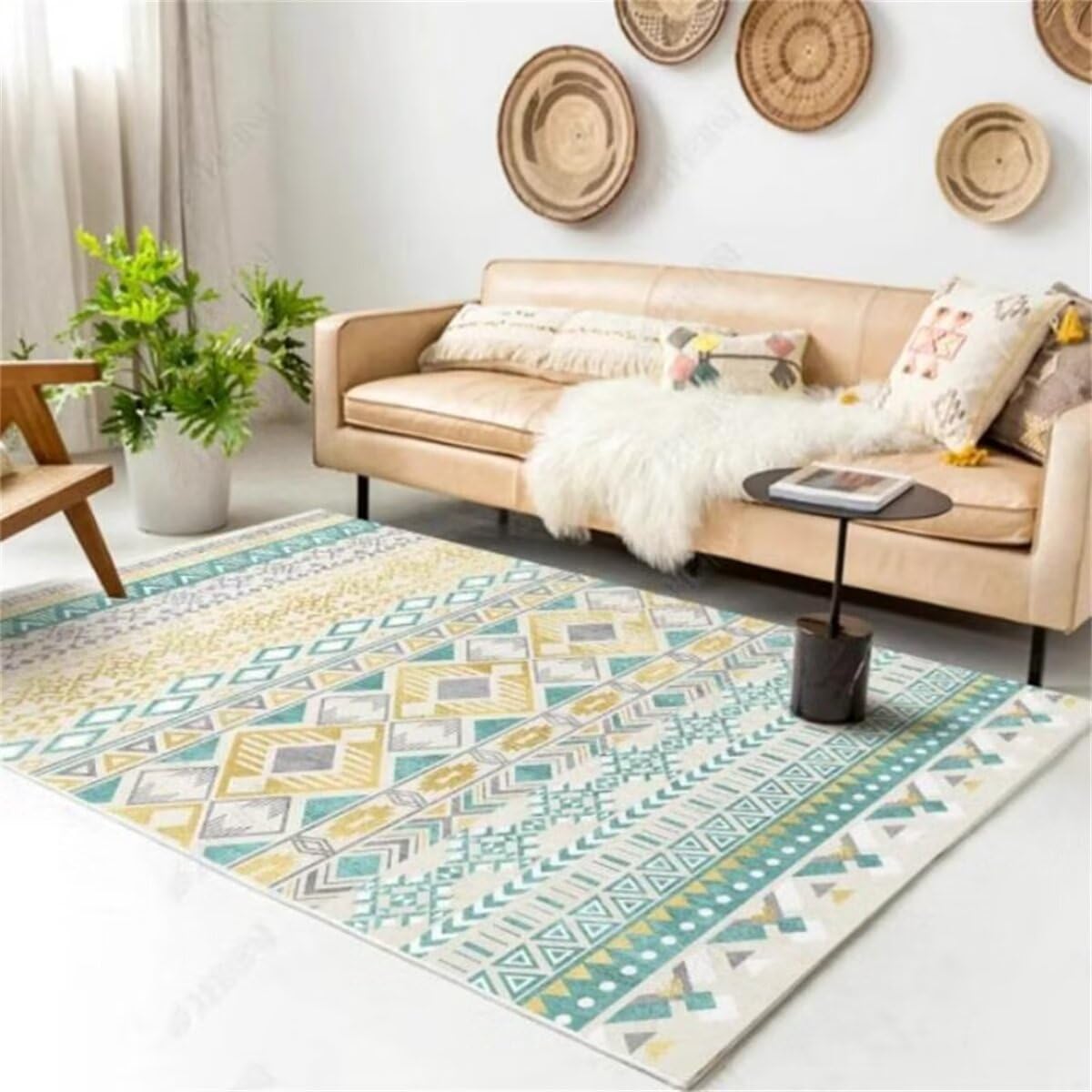 Tapis bébé XXL pour salon et espace de jeu géométrique vert jaune