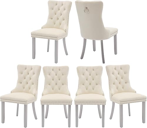 Miniatura 77 de Juego de 6 sillas de comedor marrones, sillas de comedor tapizadas con tela de lino acolchada con capitoné, con respaldo alto, ribete de tachuelas y