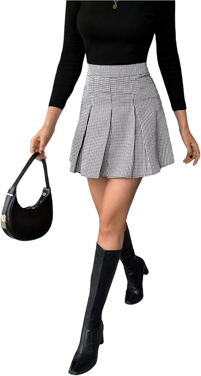 Women's Plaid Pleated Mini Skirts Preppy Uniform Skater A Line Skirt
