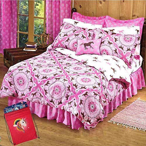 Girls 6 Piece Twin Size (66"x 86") Pink Brown Pony Horse Bandana Equestrian Bedding Comforter Set & Sheets (Bed in a Bag) (1, Twin Size)