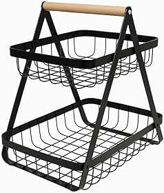 Fruteira de Mesa 2 Andares Compacta Pequena Metal Com Alça De Madeira Cesto Aramado Frutas E Legumes Para Cozinha Sala Bancada Multiuso Preta Ou Branca (Preta)