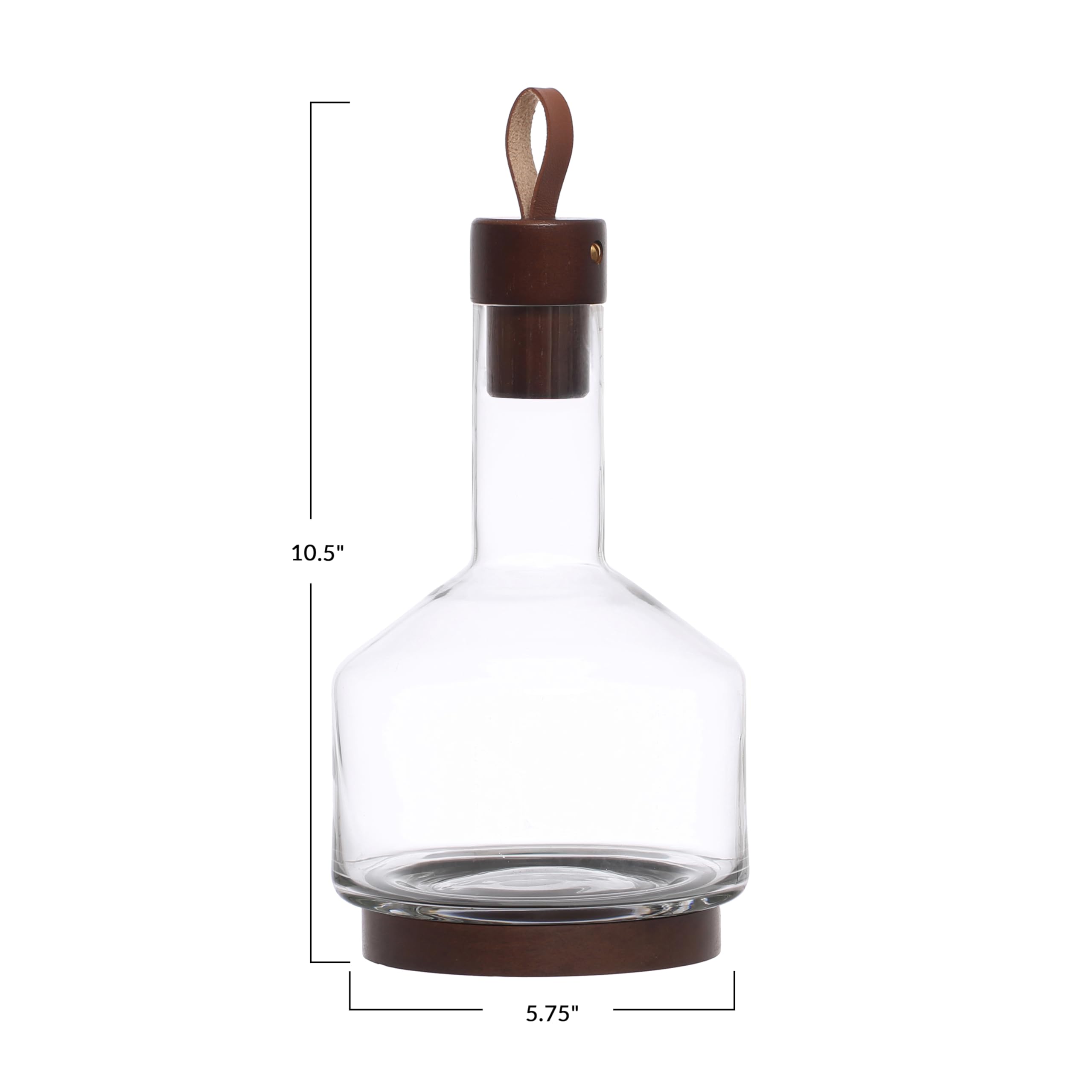 Bloomingville Base de madera de acacia de vidrio de 10.5 pulgadas y 62 onzas, tapón y tirador de cuero, jarra con acabado de nogal, transparente