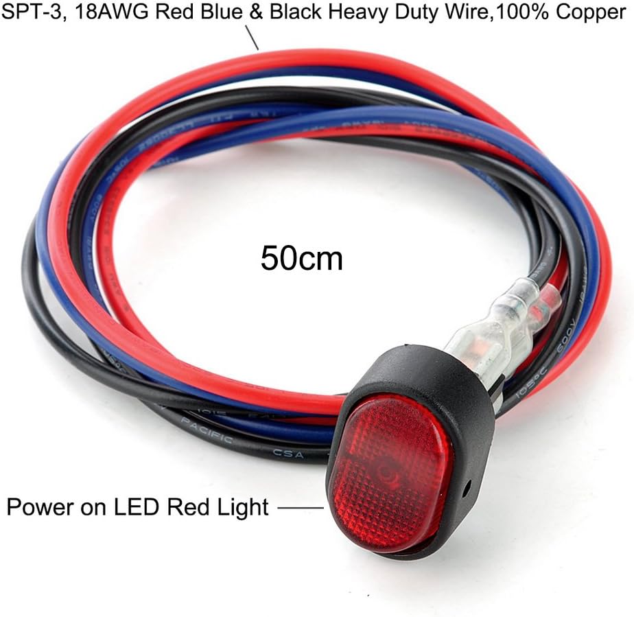 12V 30A Waterproof LED Rocker Switch - SPST 3-Pin Toggle Power Switch for Car, Boat, Motorcycle, Marine, ATV, Bus - Red Light on Off