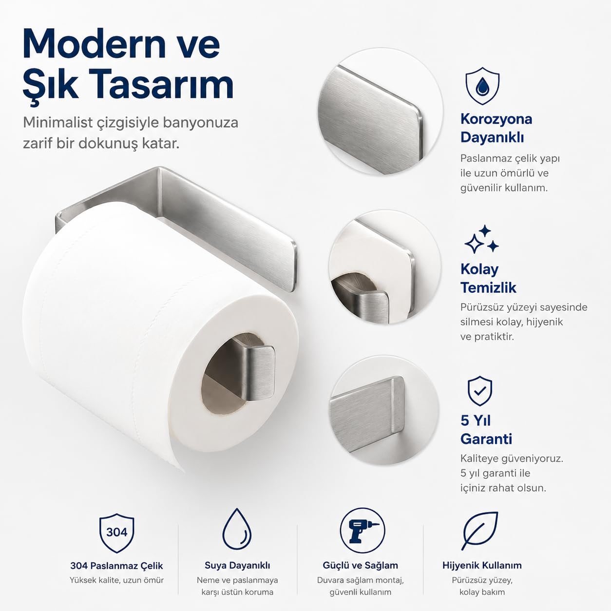 Alper Banyo Paslanmaz Çelik Lamalı Tuvalet Kağıtlığı, Krom Renk WC Kağıt Askılığı, Hem Yapışkanlı Hem Vidalı Montajlı, Açık Uç Tasarımlı Banyo Kağıtlık, 5 Yıl Garantili