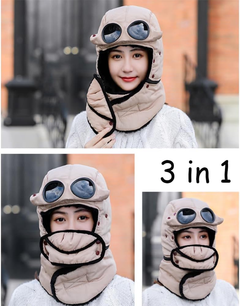 Winter Thermal Hat with Glasses,Winter Cycling Windproof Ski Mask Cap,for Outdoor Hiking,Camping