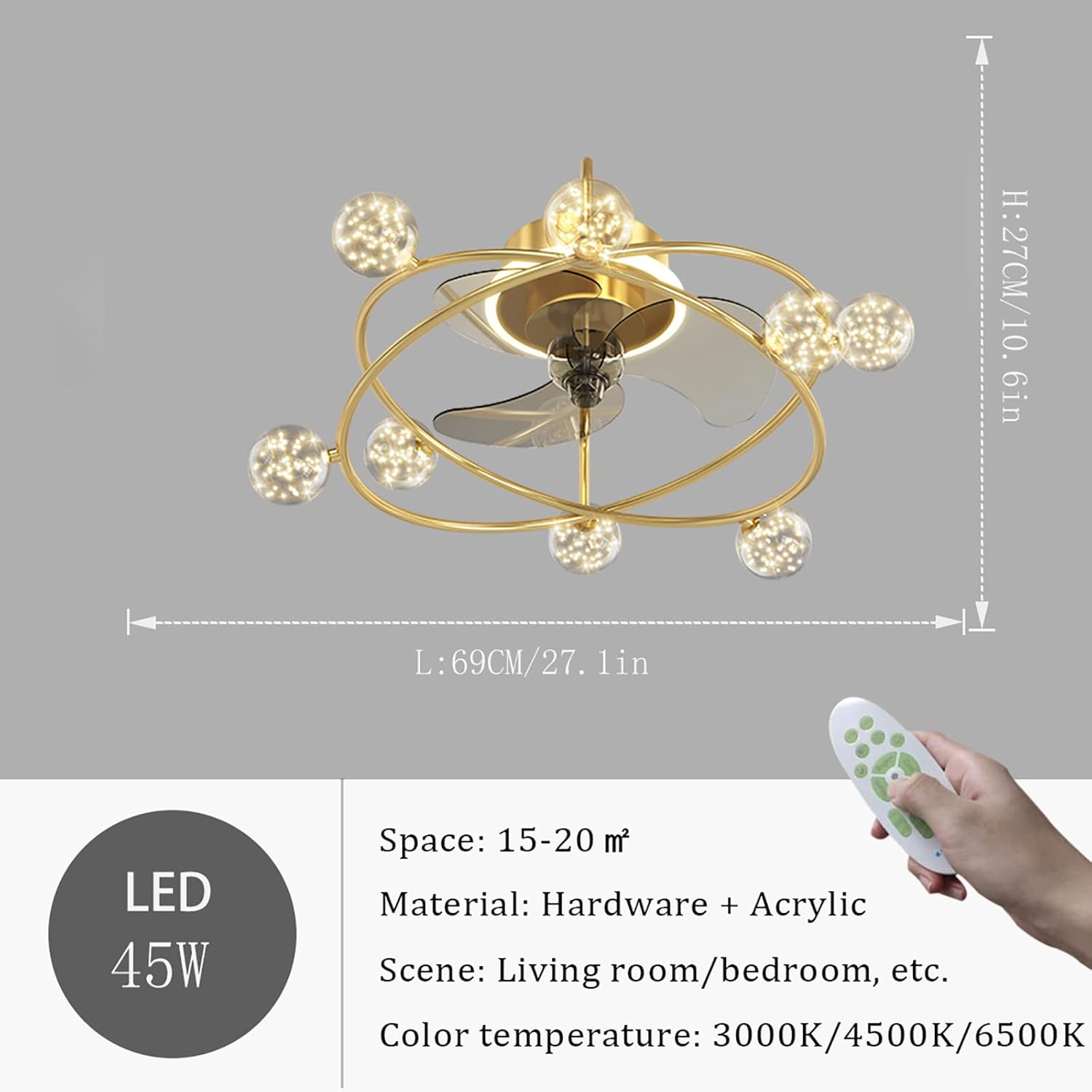 YUEGOO Ceiling Fans with Lamps,45W Ceiling Fans with Lights 6 Speed Quiet Fan Ceiling Light Led Dimmable Fan Lights for Living Room Ceiling/D