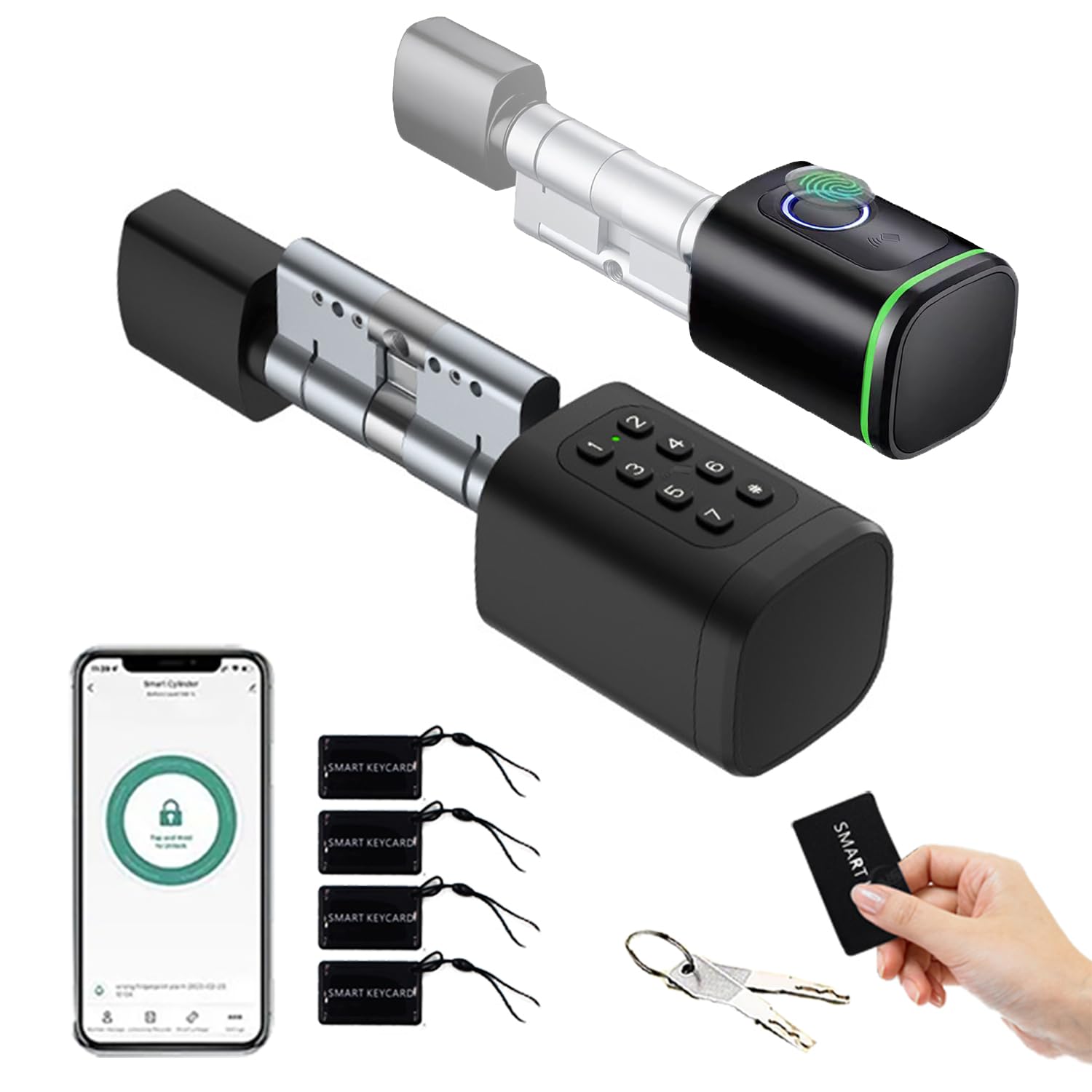 Cerradura Inteligente,Cerradura Con Huella Digital,Cilindro De Cerradura Ajustable 60-90mm,Con Tarjeta Rfid x4,App,Bluetooth,Teclado,Smart Lock Con Código Pin,Smart Lock Con Código Pin(Negro)