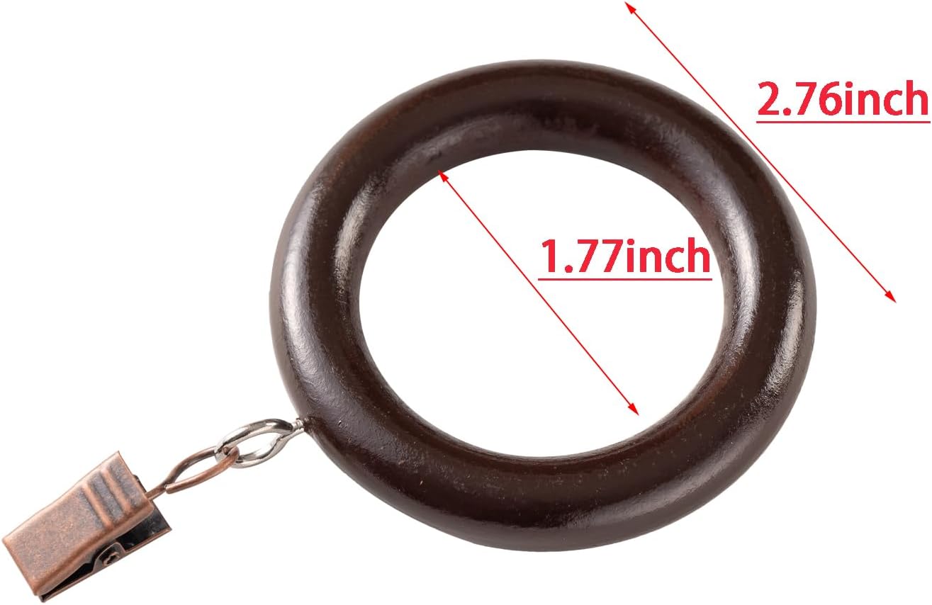 Natural Brown Beechwood Curtain Rings with Clips, 2.76" Outer/1.77" Inner Diameter for 1.1-1.6 Inch Rods, Rustic Farmhouse Drapery Rings, Smooth Finish for Home Decor (Pack of 24)