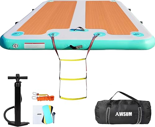 AWSUM Muelle flotante inflable, superficie de madera EVA antideslizante de 8 pies10 pies, plataforma de natación inflable para lago, tapete de agua