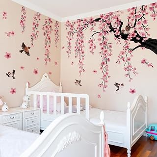 4 Sheets of 12x35 inch Large Cherry Blossom Wallpaper Pink Vine & Bird Peel and Stick Wall Decor Flower Wall Murals for Bedroom Tree Wall Stickers for Girls Room